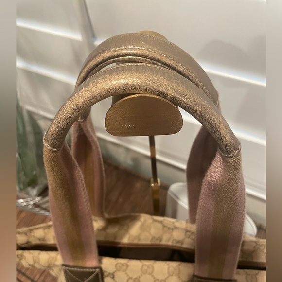 Gucci Beige & Gold Monogram Tote with Pink Striped Web Handles - Picture 3 of 8